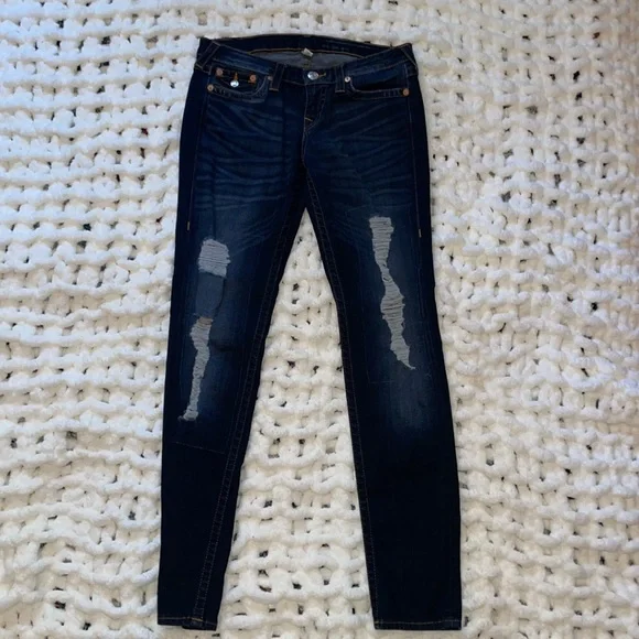 True Religion🧲 Skinny, Distressed, Mid-Rise Dark Wash 29x31.5 - Picture 1 of 15